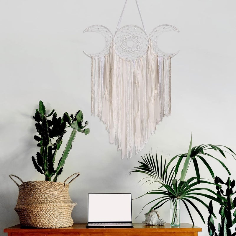 ANROYE White Triple Moon Goddess Macrame Wall Hanging, Boho Crescent Dream Catcher, Bohemian Dreamcatcher for Women Bedroom, Woven Tapestry-Witchcraft Gift, Pagan Decor for Adults Decoration - Image 4